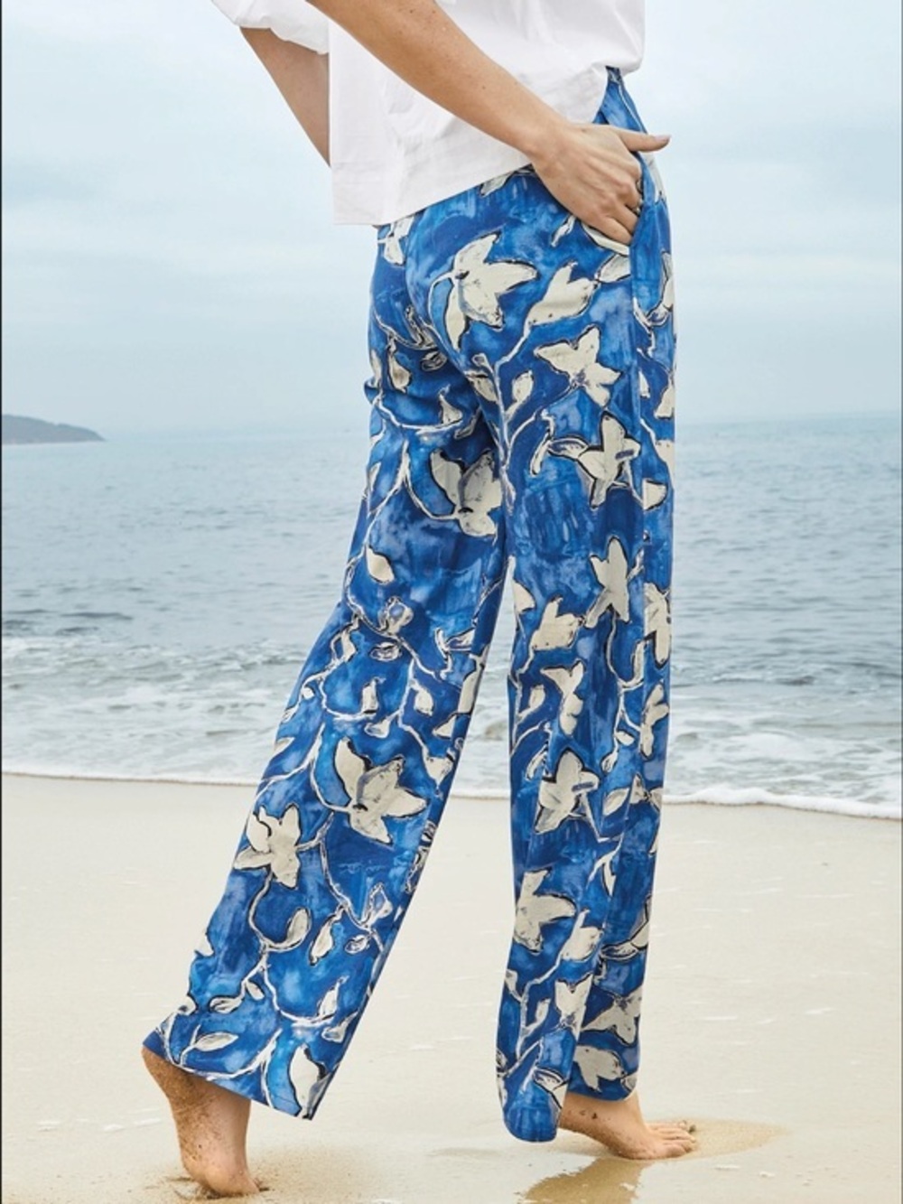 Peruvian Connection Cote D’Azur Linen Blend Wide Leg Pants Blue Floral 8